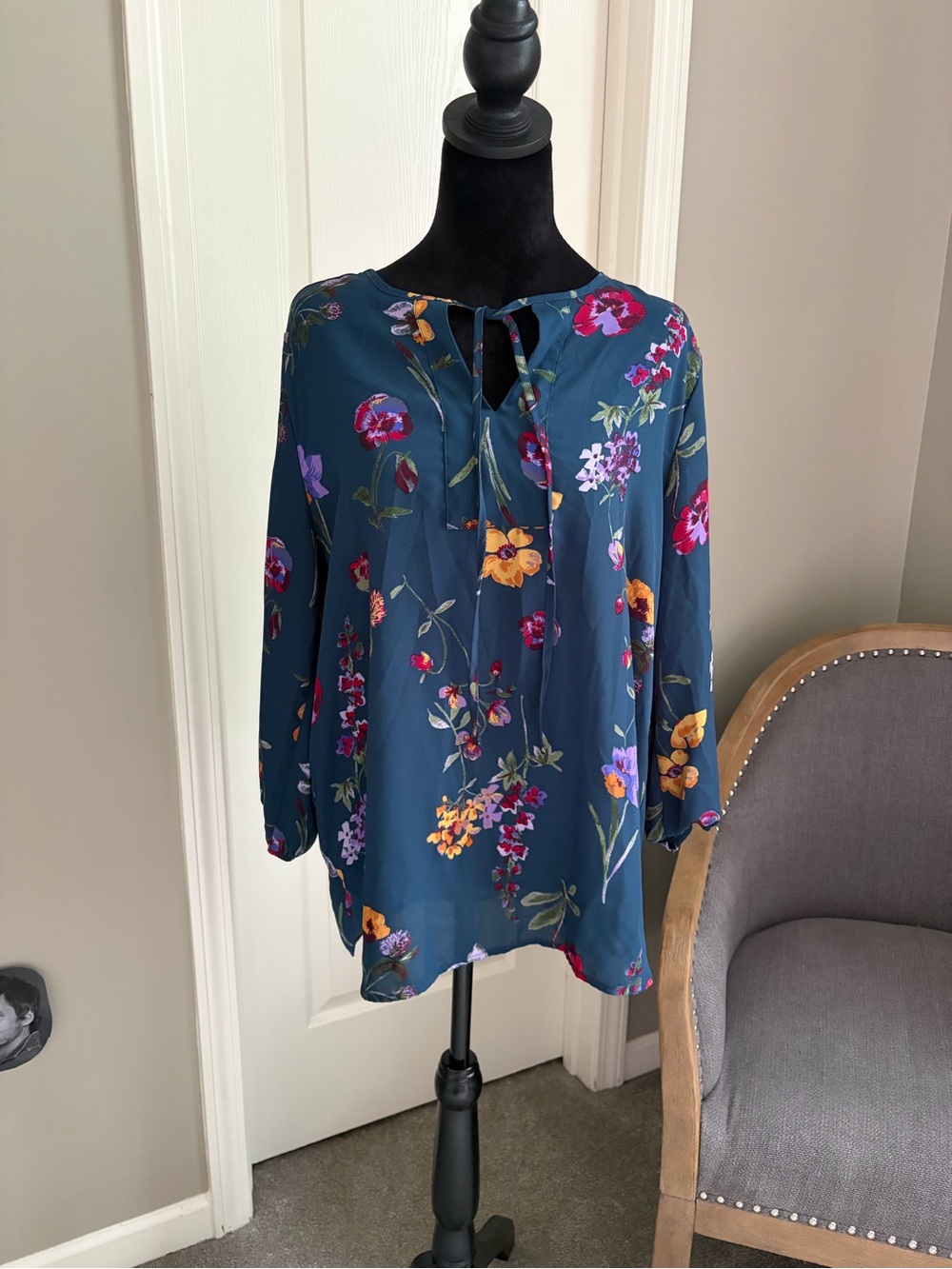 West Kei Teal Floral Tie-Neck Blouse
